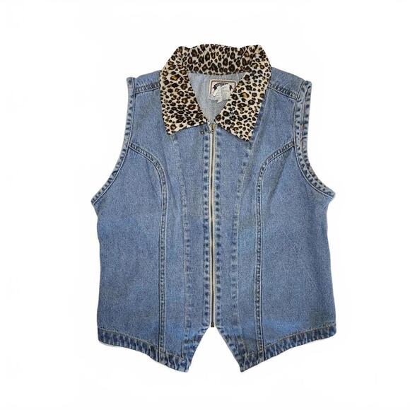 SOLUTIONS Blues Denim Vest with Leopard Print Collar L - Picture 1 of 6